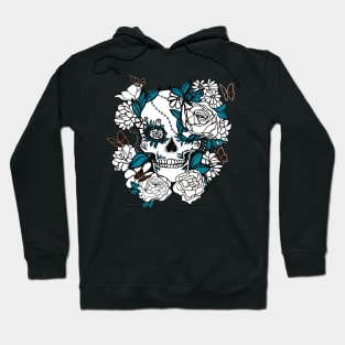 Skull Line Drawing with Butterflies and Flowers in Blue and Black Hoodie